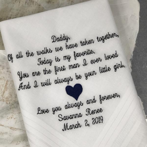Custom 40 Words Of Your Choice Embroidered Wedding Handkerchief Gift Makes a Lovely Bridal Gift For Dad On Her Wedding Day