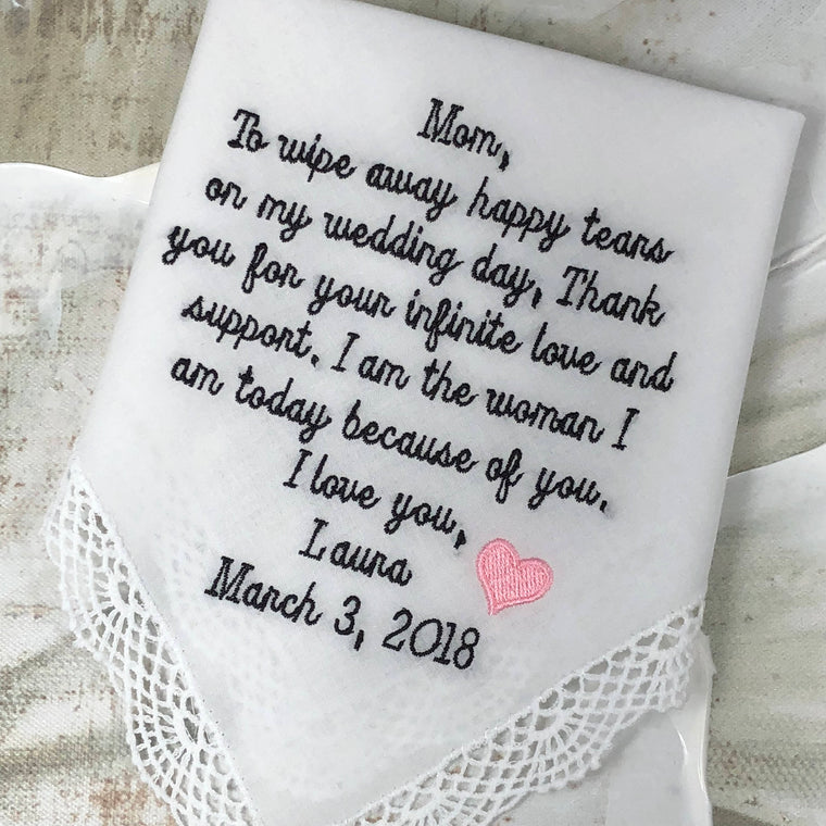 Wedding Handkerchief- Mother Of The Bride_ Embroidered Wedding Gift, Personalized Wedding Gift - Gift For Mom -Custom Wedding Handkerchief