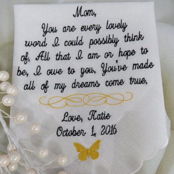 40 words of your choice. Mom's Personalized Wedding Handkerchief. Free handmade matching gift envelope/box.
