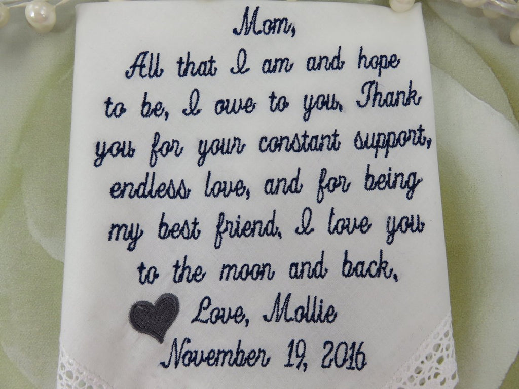 Mother Of Bride Gift -EMBROIDERED Wedding Handkerchief - To Dry Your Tears - Wedding Gift For Parent - Personalized Hankerchief - Mom Hankie