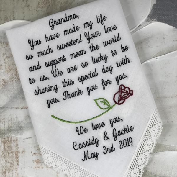 Grandmother Handkerchief from the Bride-Weddings-Embroidered-Customized-Wedding Hankies-Grandmother Gift-Grandma -Bride Gift to Granny