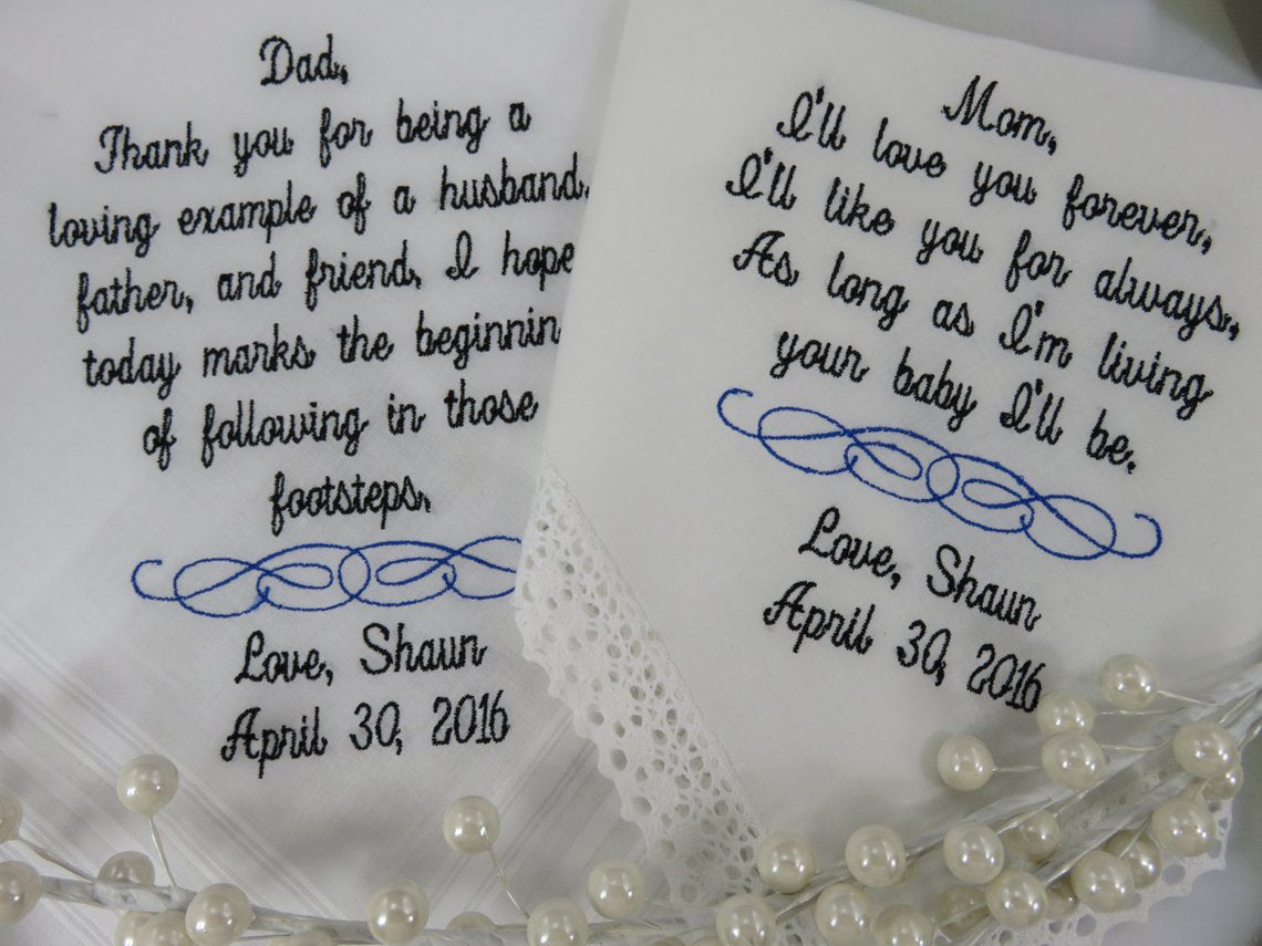 Embroidered Set of 2 Wedding Handkerchief - Bridal Gift For Parents Of Bride Or Groom - Free Gift Envelope For Each Wedding Hankie