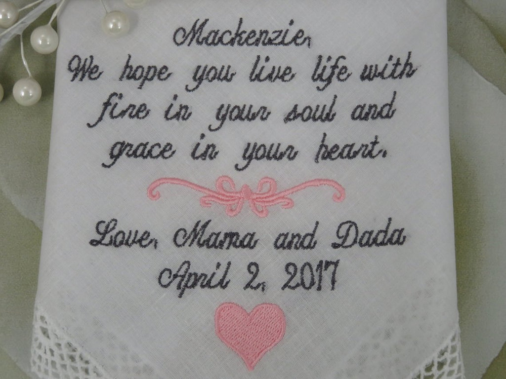Wedding Handkerchief ***Daughter On Her Wedding Day-Wedding Handkerchief For The Bride From Her Parents, EMBROIDERED-CUSTOMIZED Wedding gift