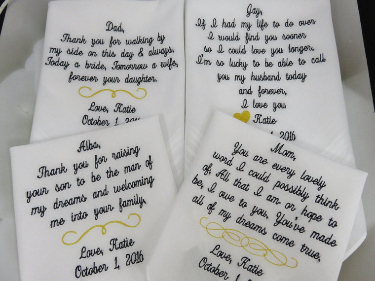 Embroidered Wedding Handkerchief Parents wedding gifts-Set of four hankerchief Gift From Bride and Groom on Wedding Day Bridal Wedding Gifts