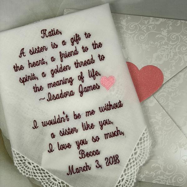 Sister Gift Wedding Handkerchief .Lacy White Wedding Handkerchief embroidered for your Sister on your very special Day. Gift Box Included.