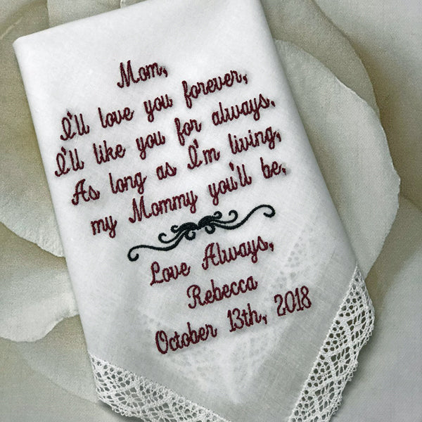 Wedding gift, Wedding Present for Mom, Mother of the Bride, Mom Gift from Daughter, Embroidered Hankerchief, Personalized Hankerchief, 8-10-