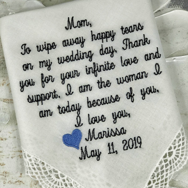 Mother Of The Bride Wedding Handkerchief. Custom 40 embroidered words. Wedding Gift For Mom From Bride Or Groom. Embroidered Handkerchief