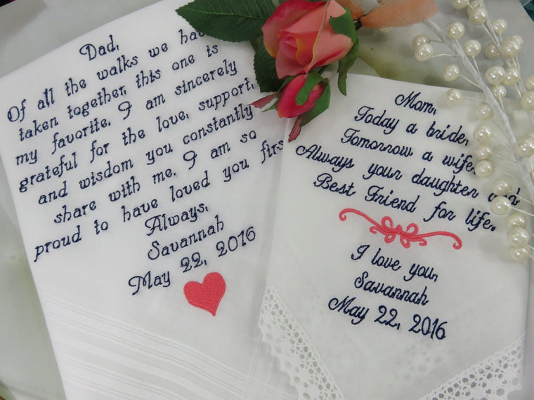 Embroidered Set of Two Wedding Handkerchief Both Parents. Parents Love Getting These On Your Wedding Day. Includes Gift Boxes.
