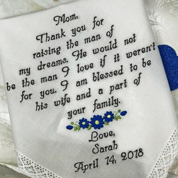 Wedding Gift-Embroidered Wedding Handkerchief For Mother Of The Bride -Personalize wedding hanker-chief gift Brides Mom Wedding Hankie Gift
