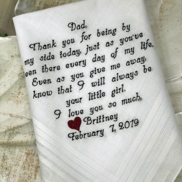 EMBROIDERED Father Of The Bride- You May Choose Two Different Colors For Your Embroidered Words - Wedding Hankerchief Father Of The Bride
