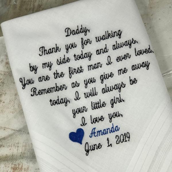 Wedding Handkerchief. Father Of The Bride Embroidered Wedding handkerchief | Customize Dad Wedding Hankies, Wedding Gift For Dad. Embroidery